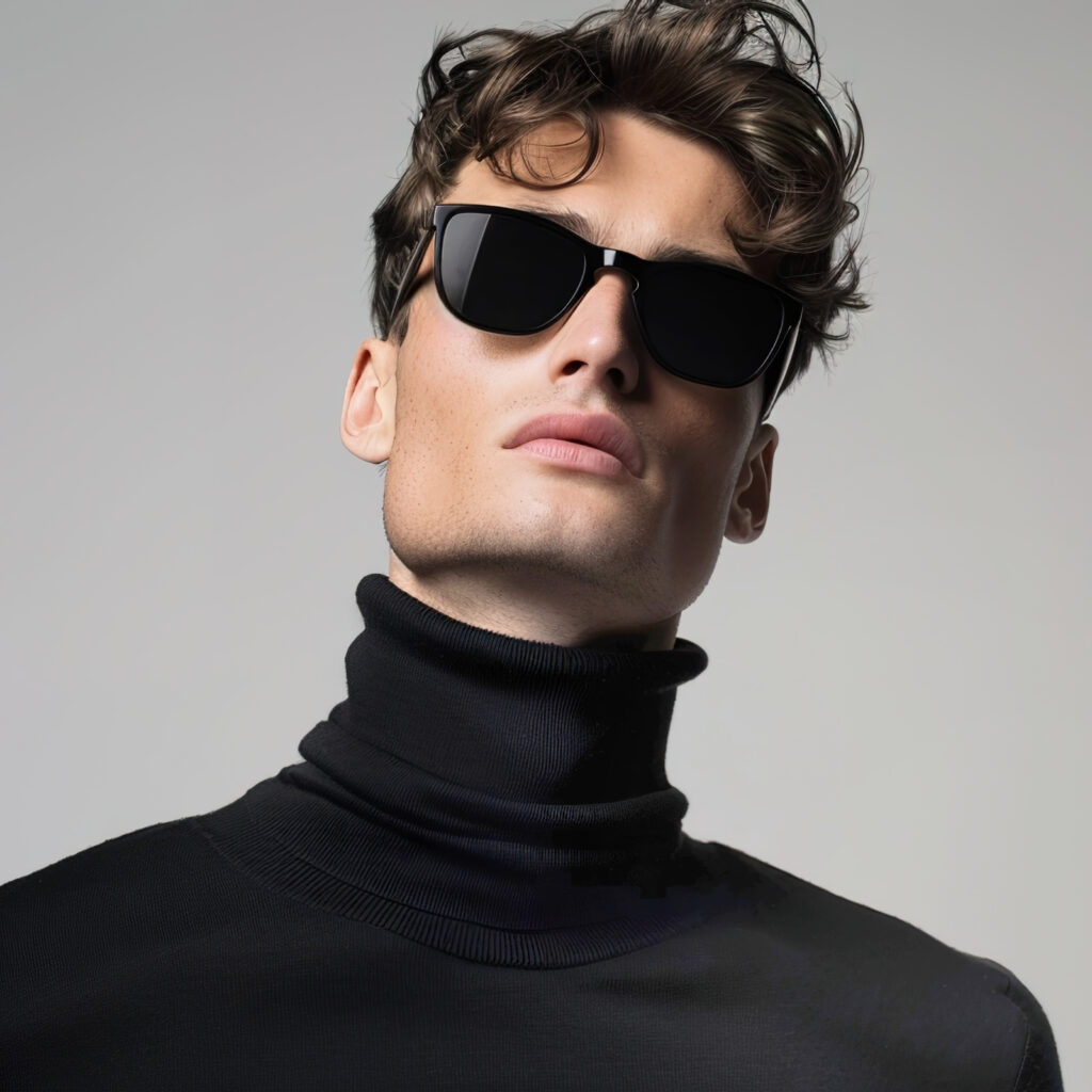 Minimalist menswear portrait featuring a tailored black turtleneck and refined styling.