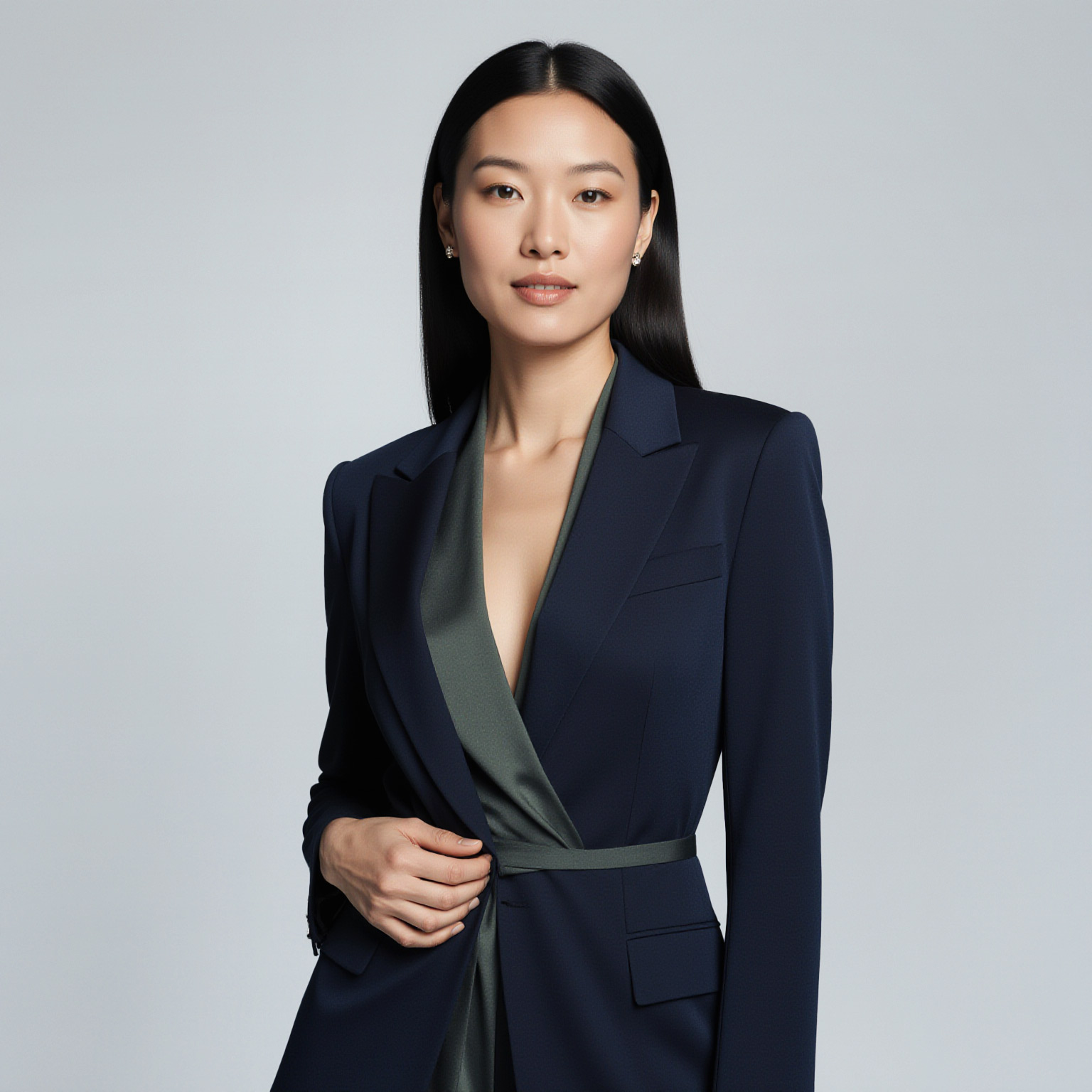 Elegant woman wearing a tailored navy blazer in a refined studio portrait