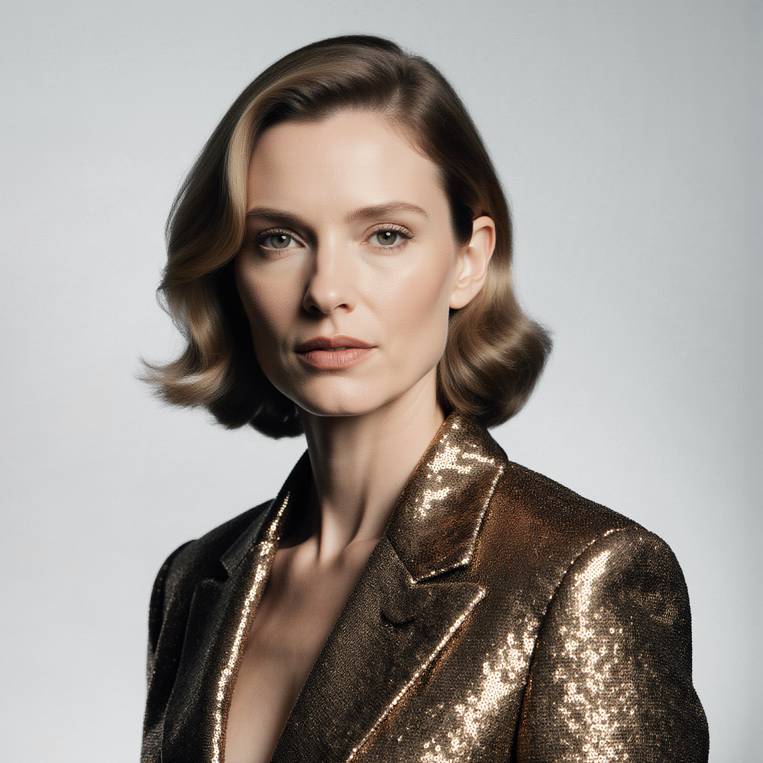 Model wearing a metallic couture blazer styled in a refined editorial portrait
