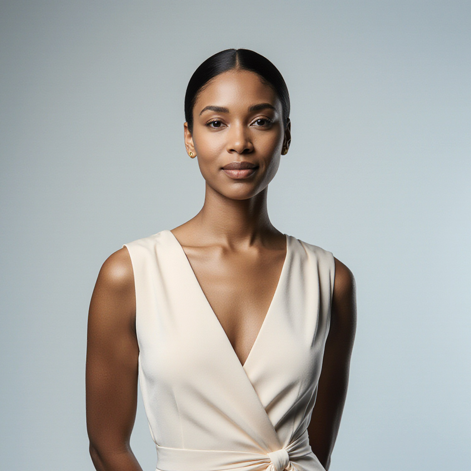 Elegant woman in a minimalist cream dress photographed in a refined studio setting